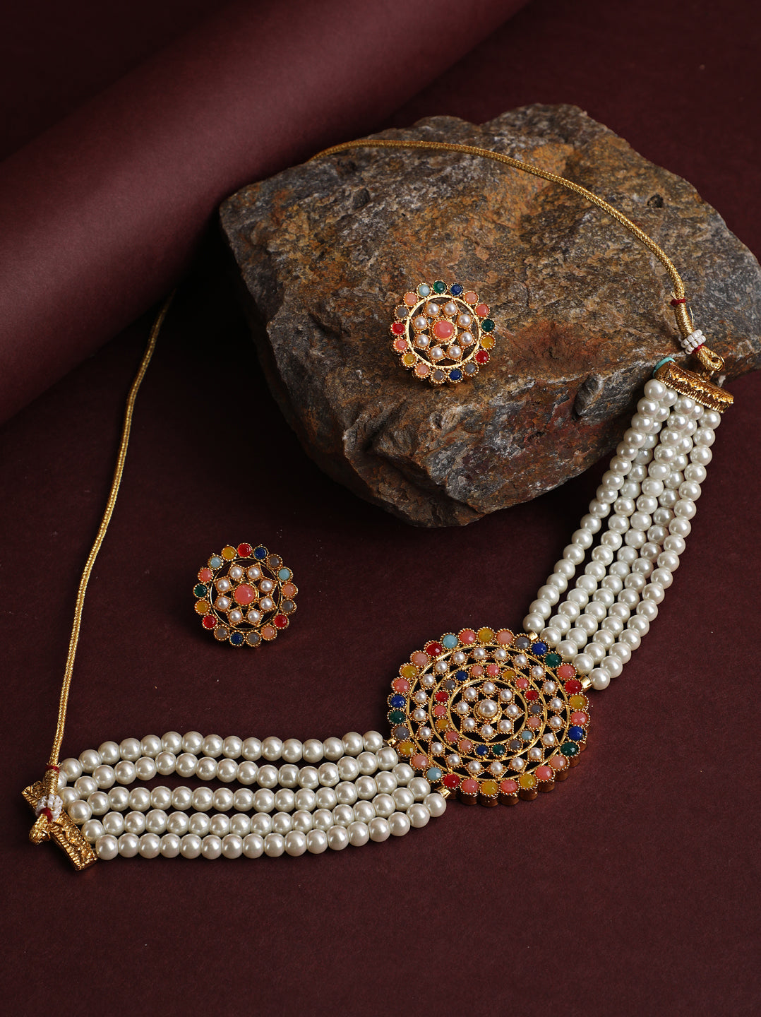 Gold-Plated White & Green Pearl-Studded Choker Jewellery Set