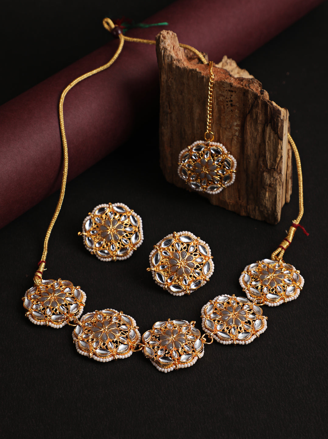 Gold-Plated Kundan Choker Necklace Earring & Maangtika Set