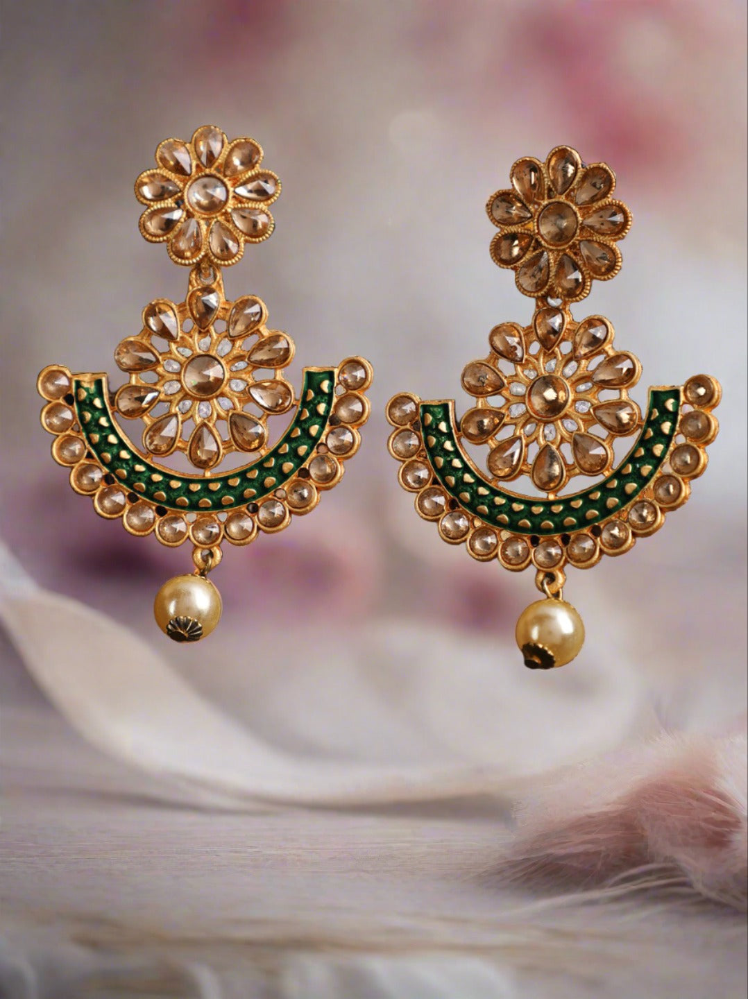 Floral Dome Shaped Gold- Plated Green Pearl Drop Chand Bali Earrings