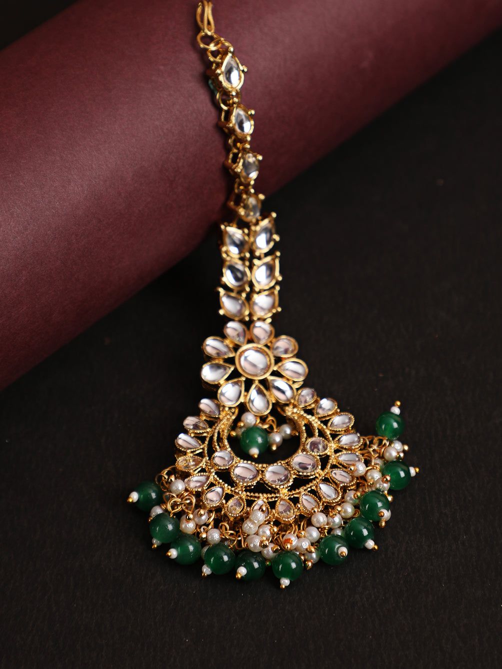 Gold-Toned Green & White Kundan Stone Studded & Pearls Traditional Maangtikka