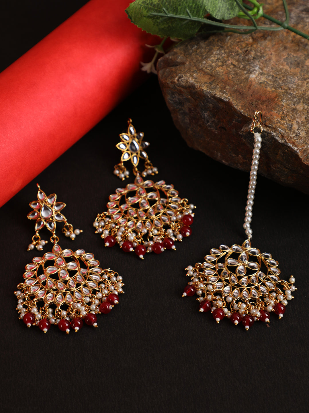 Gold-Toned Mahroon & White Kundan Stone Studded & Pearls Maangtikka & Earring Set