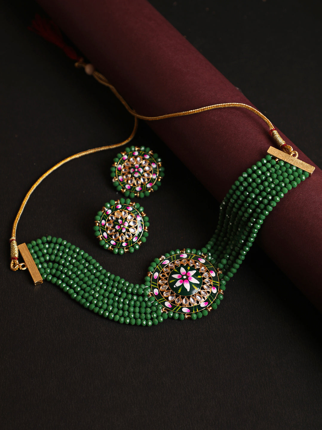 Women Green & Pink Kundan-Studded & Beaded Handcrafted Meenakari Jewellery Set