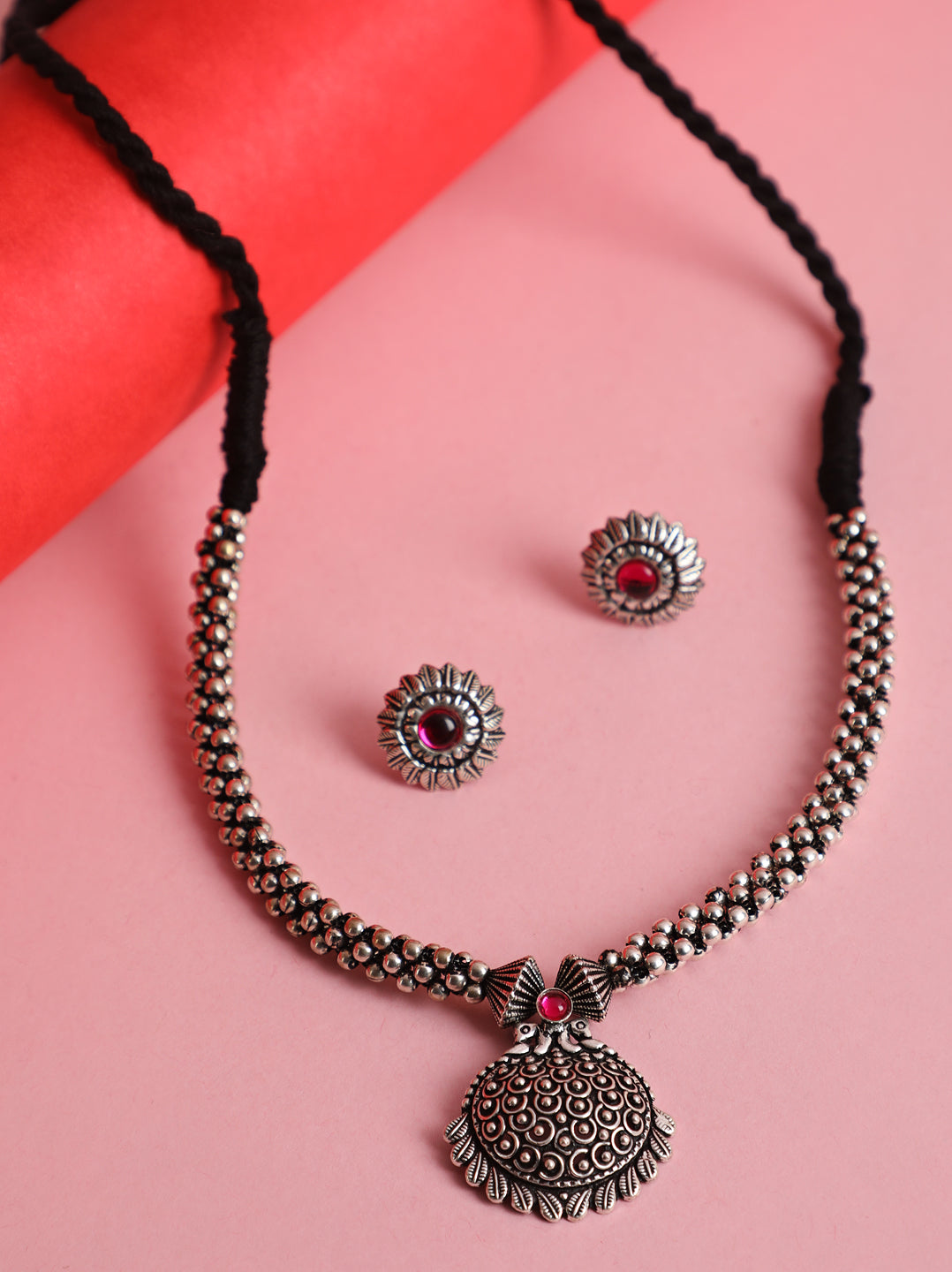 Silver-Toned Oxidized Pink Stone Studded Peacock Jewellery Set