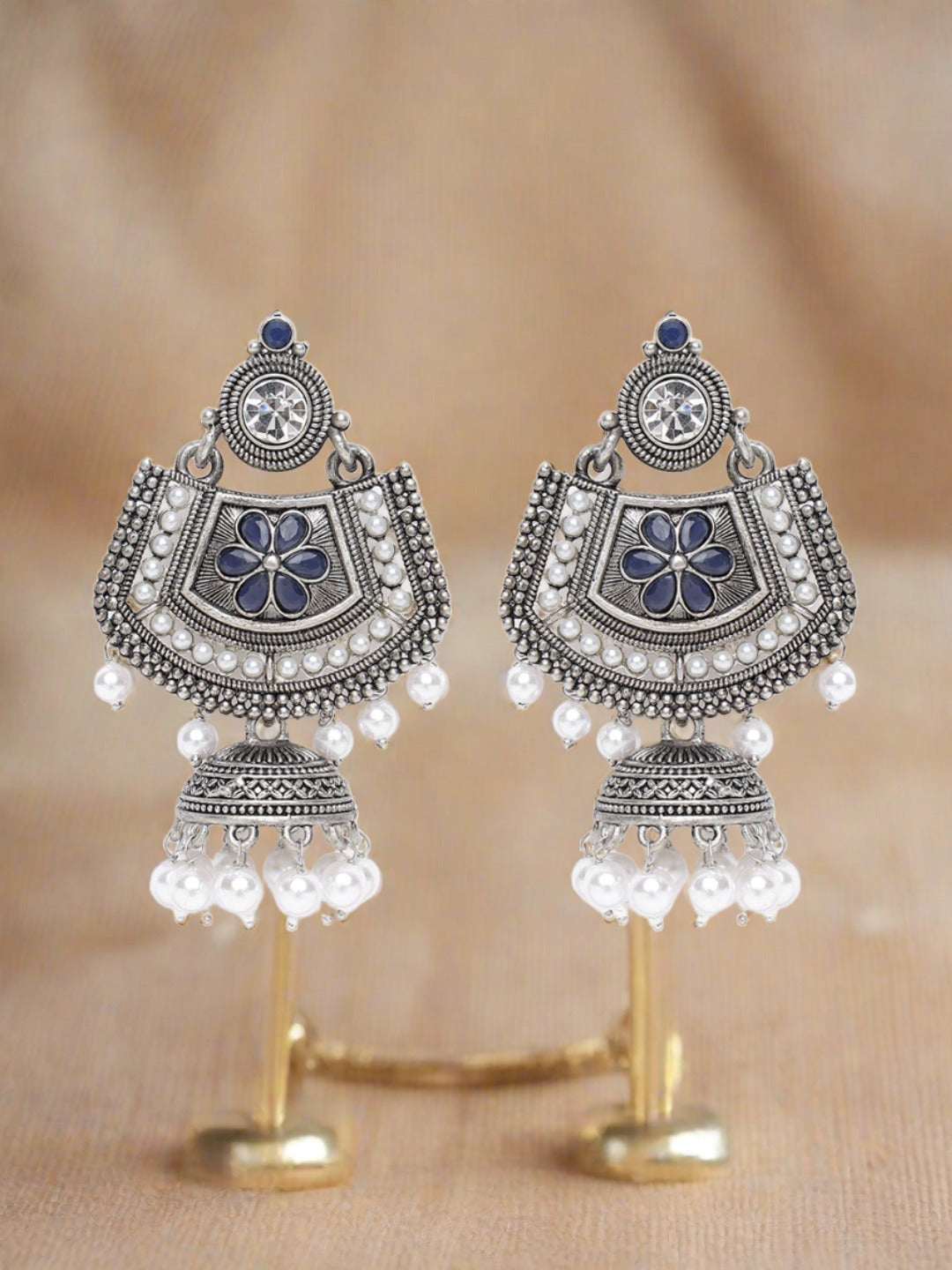 Blue Kundan & White Pearl Beaded Floral Ethnic Jhumka Drop Earrings