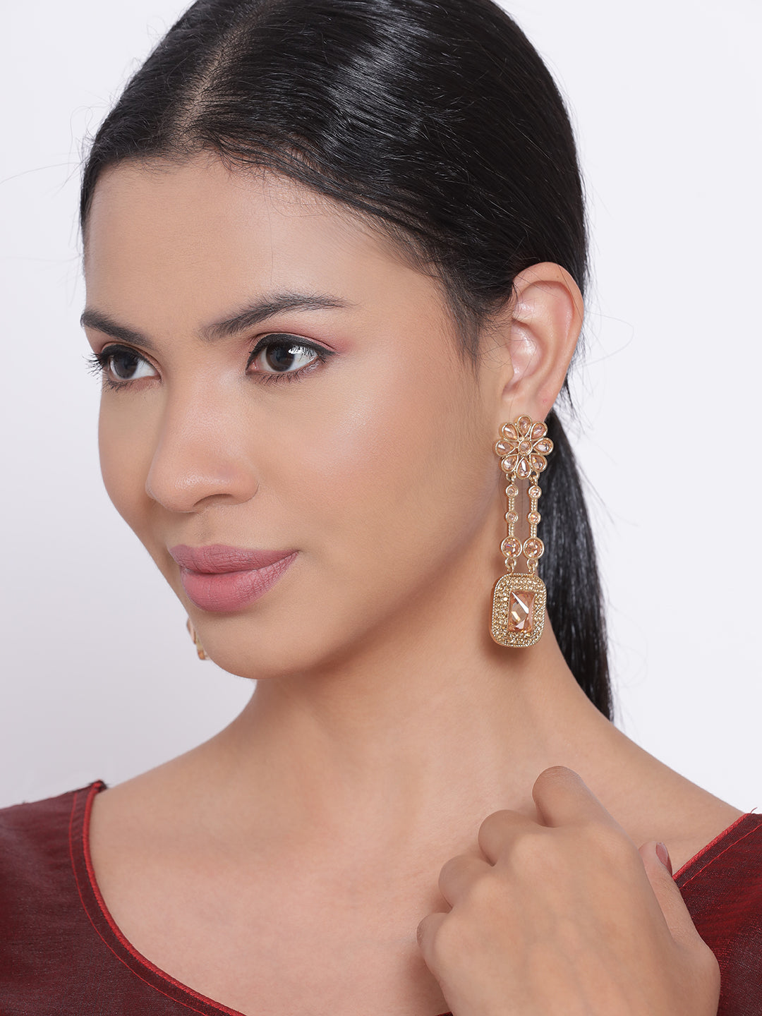 Gold-Plated Kundan Studded Contemporary Floral Pattern Drop Earrings