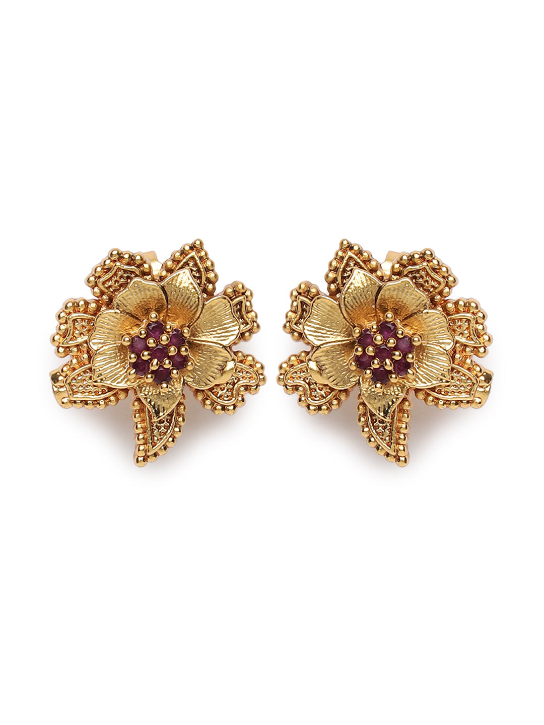 Gold-Plated Maroon & Red Studded Handcrafted Floral Jewellery Set