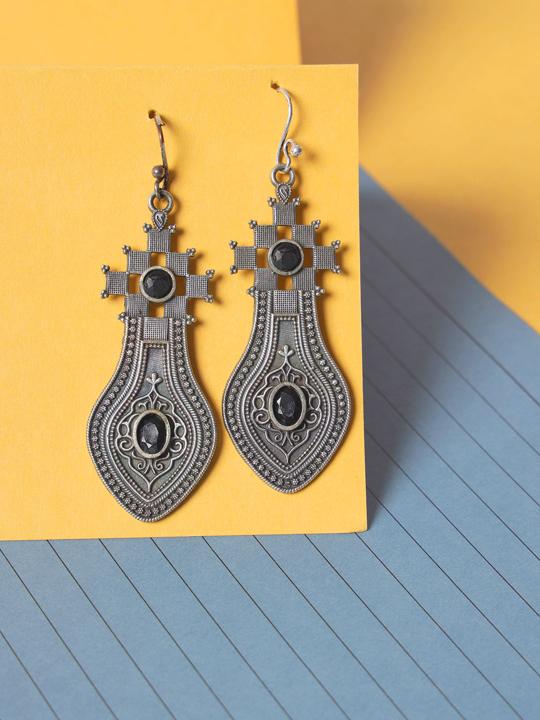 Black Stone Studded & Silver-Toned Contemporary Drop Earrings