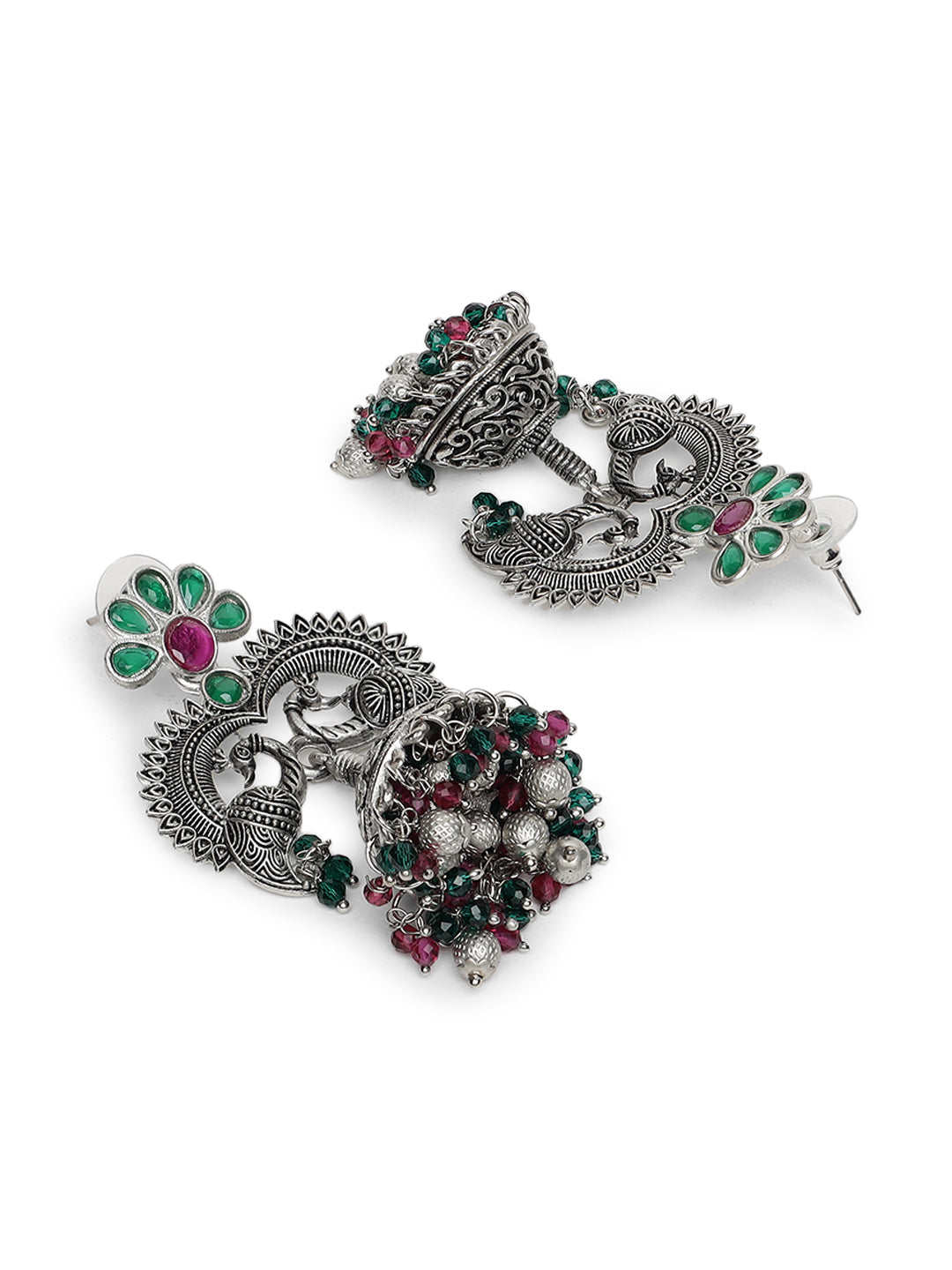 Pink & Green Stone Studded & Silver-Plated Peacock Shaped Beaded Jhumkas