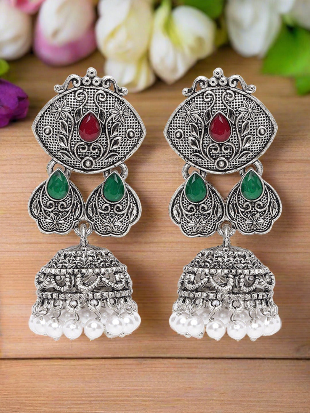 Silver-Toned Ruby & Green Oxidised Classic Drop Jhumka Earrings