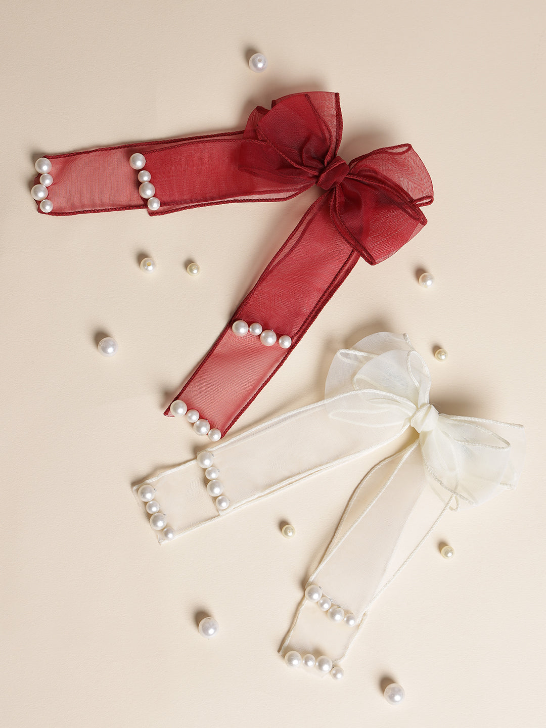 Red & White Set Of 2 Handcrafted Bow Shaped Alligator Hair Clip