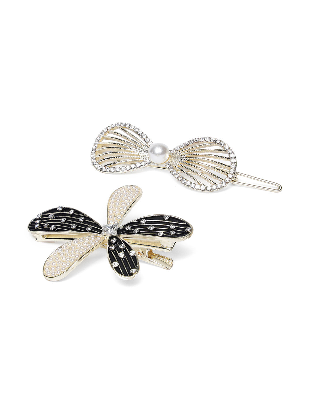 White Pearls Gold Plated Ad Stone Studded Set Of 2 Alligator Hair Clip