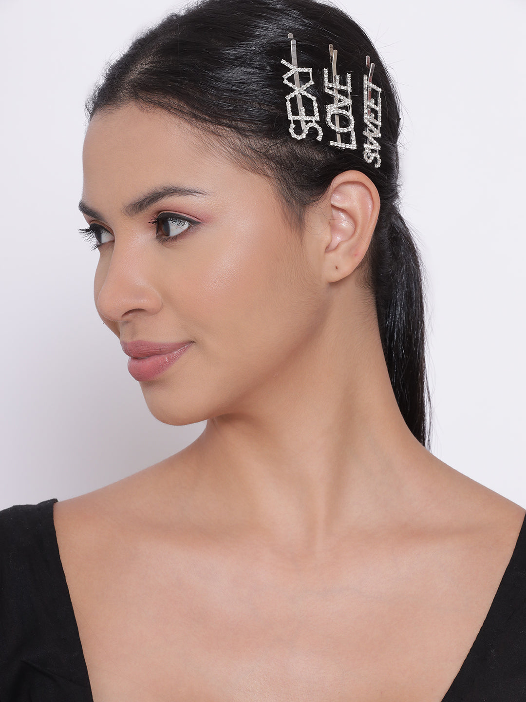Set Of 3 Silver-Plated American Diamond Studded Letter Party Barrette Hair Clip