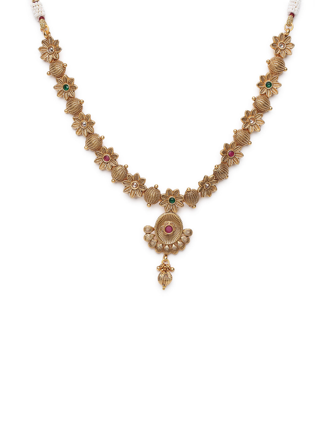 Red & Green Gold-Plated Stone-Studded Handcrafted Jewellery Set