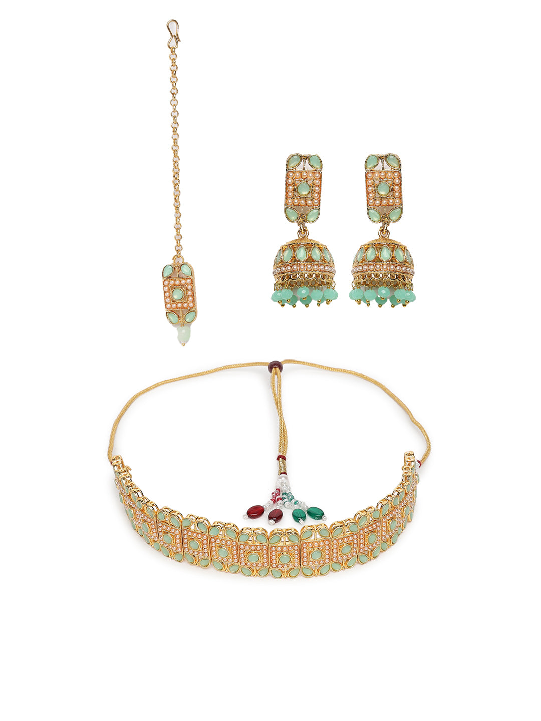 Gold-Plated &Mint Green Kundan Studded Pearl Handcrafted Choker Jewellery Set
