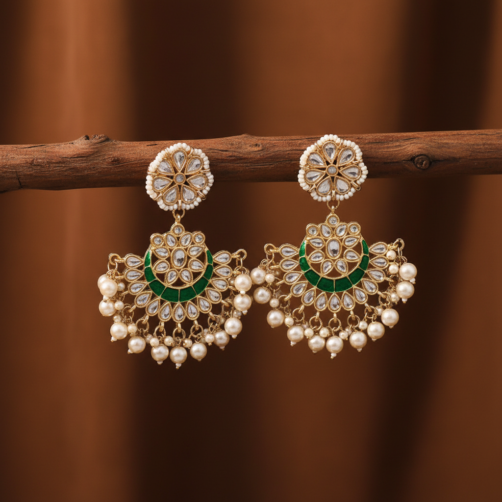 Jazz And Sizzle Gold Plated & Pearl Beaded Kundan Studded Minakari Chand Bali Earrings