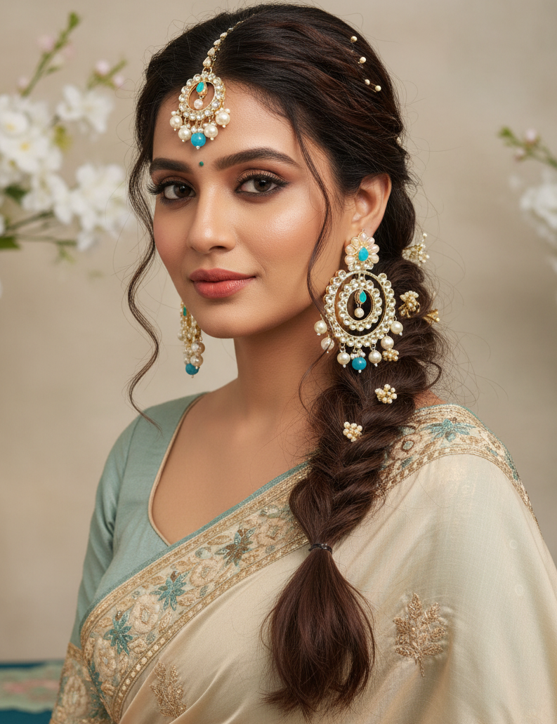 Aatmana By J&S Gold Plated & Pearl Beaded Kundan Studded Chandbali Earrings with Maangtika