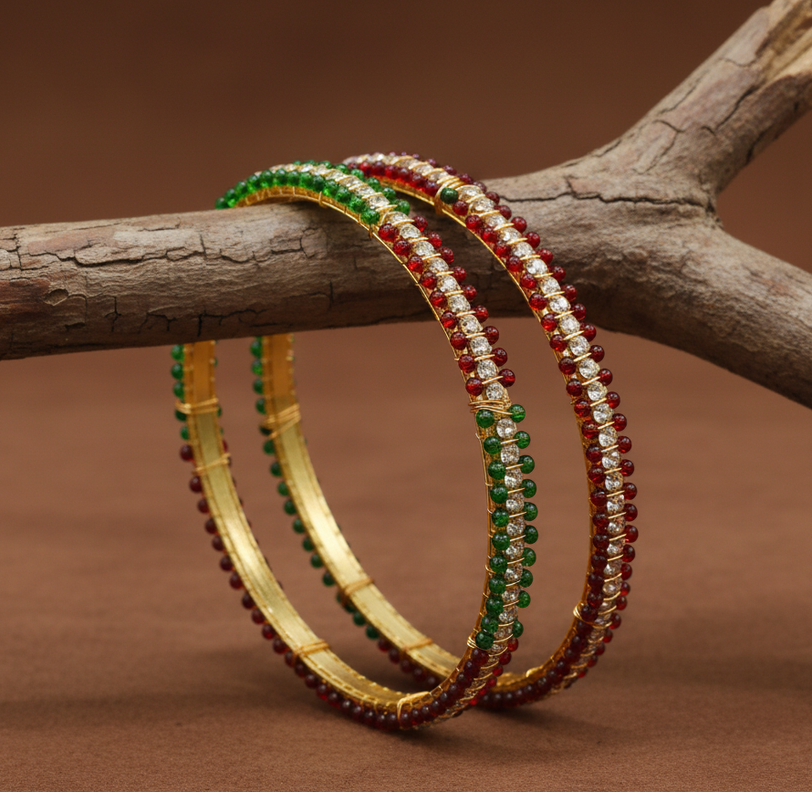Jazz And Sizzle Set Of 2 Gold Plated CZ Studded & Pearl Beaded Bangles