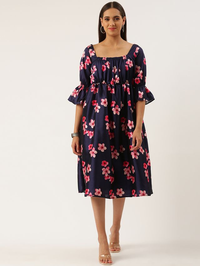 Bollywood Vogue Ready To Wear Blue Printed Art Silk Dress