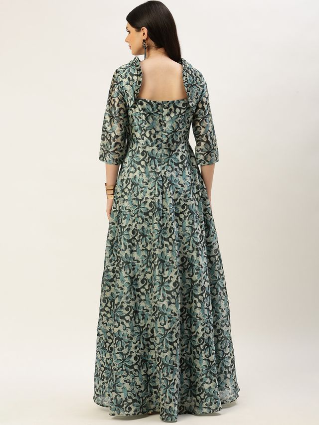 Bollywood Vogue Ready To Wear Sage Green Digital Printed Maxi Dress