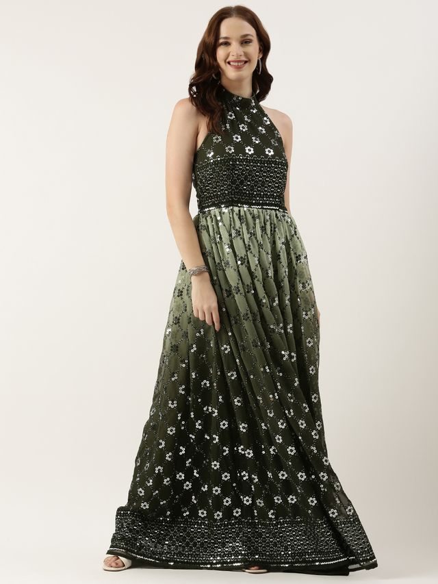 Bollywood Vogue Ready To Wear Green Georgette Embroidered Halter Neck Gown
