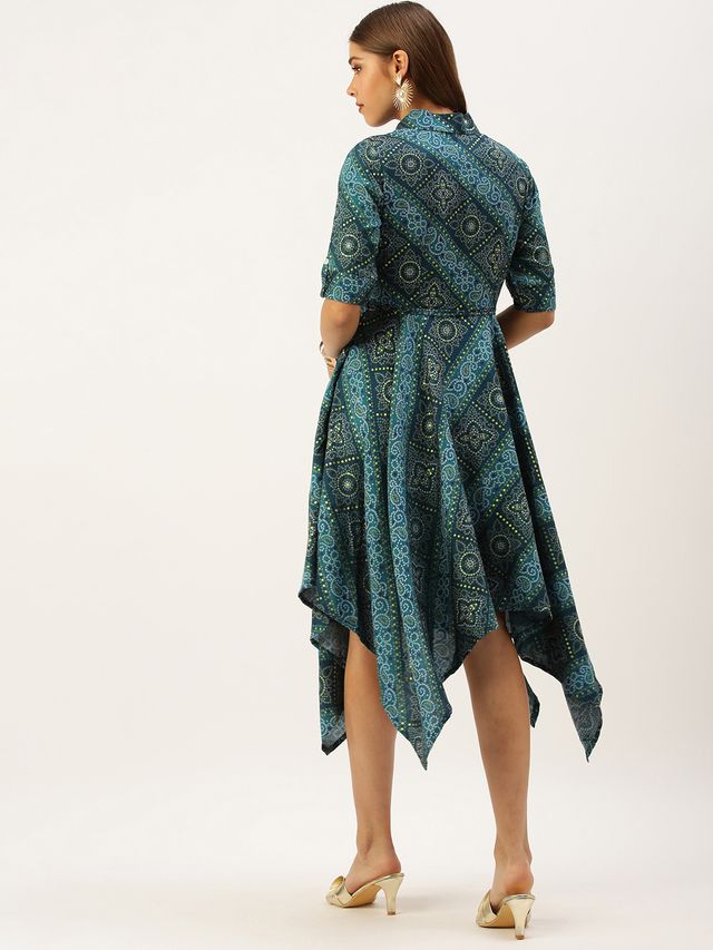 Bollywood Vogue Ready To Wear Blue Chanderi Art Silk Handkerchief Style Dress