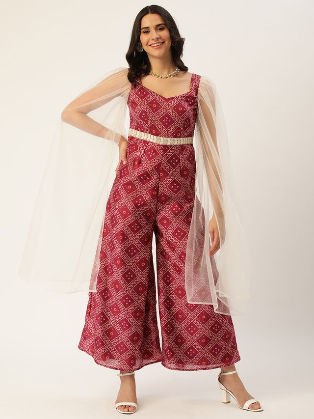 Bollywood Vogue Ready To Wear Pink Art Silk Digital Printed Jumpsuit
