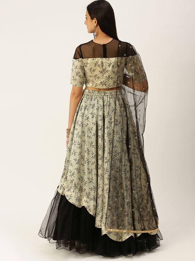 Bollywood Vogue Ready To Wear Off White Art Silk Scallop Lehenga Set