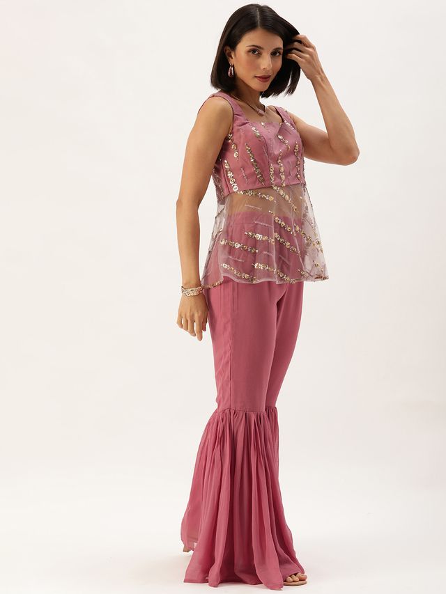 Bollywood Vogue Ready To Wear Mauve Embroidered Square Neck Gharara Suit