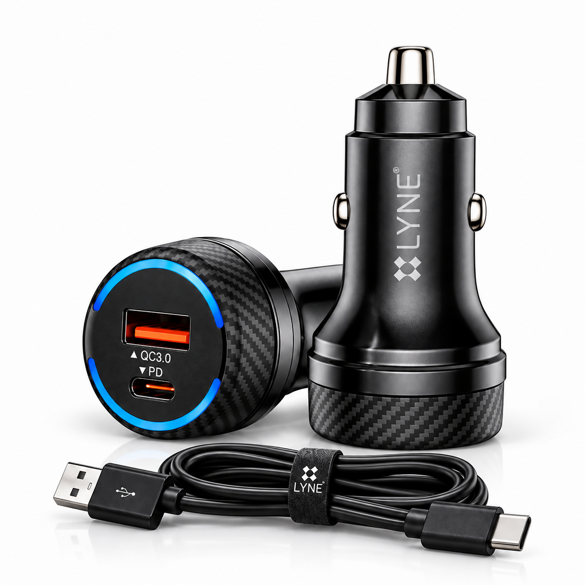 LYNE Piston 14C 20W PD + 18W QC 3.0 Car Charger with Type-C Cable, Flash Charging & Super VOOC Support