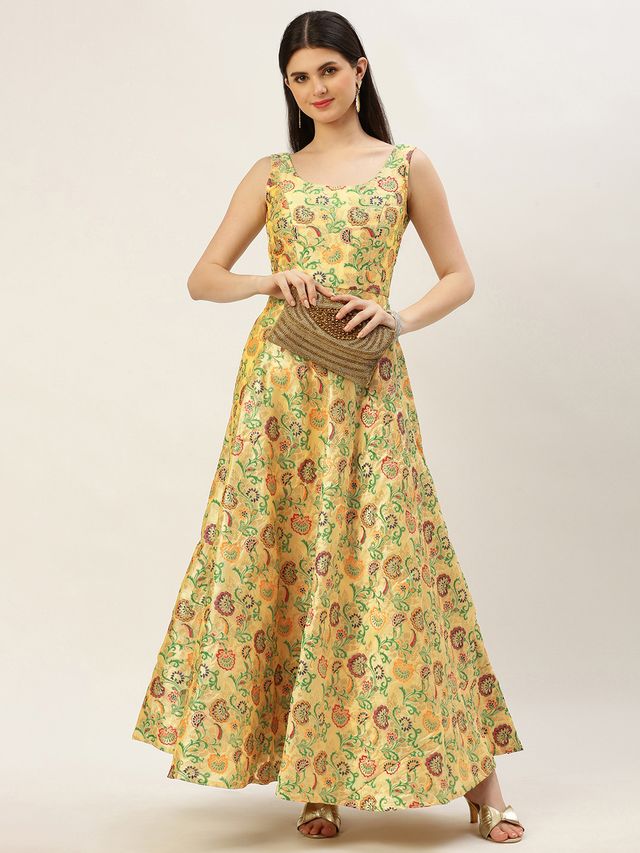 Bollywood Vogue Ready To Wear Beige Art Silk Jacquard Dress