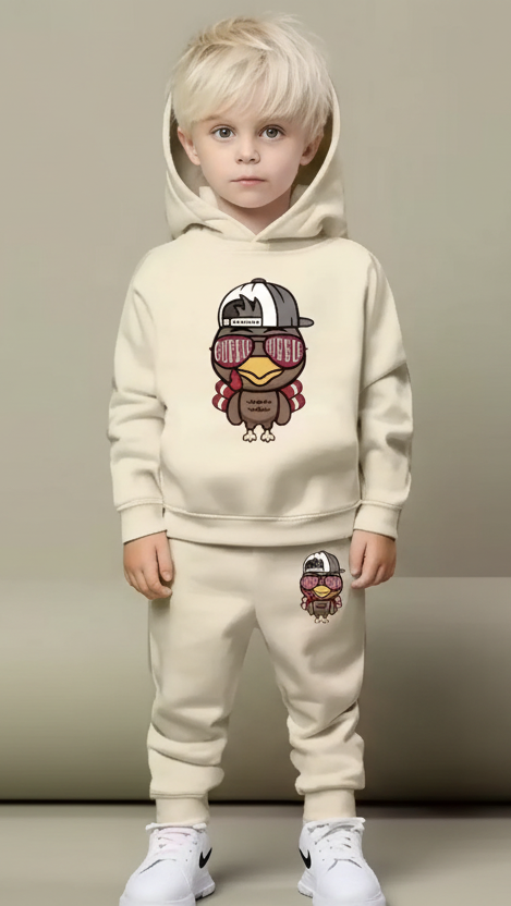 Kids Hooded Sweatshirt & Jogger Set – Cool Bird Cartoon Print Casual Wear (Cream) Luck Fashion