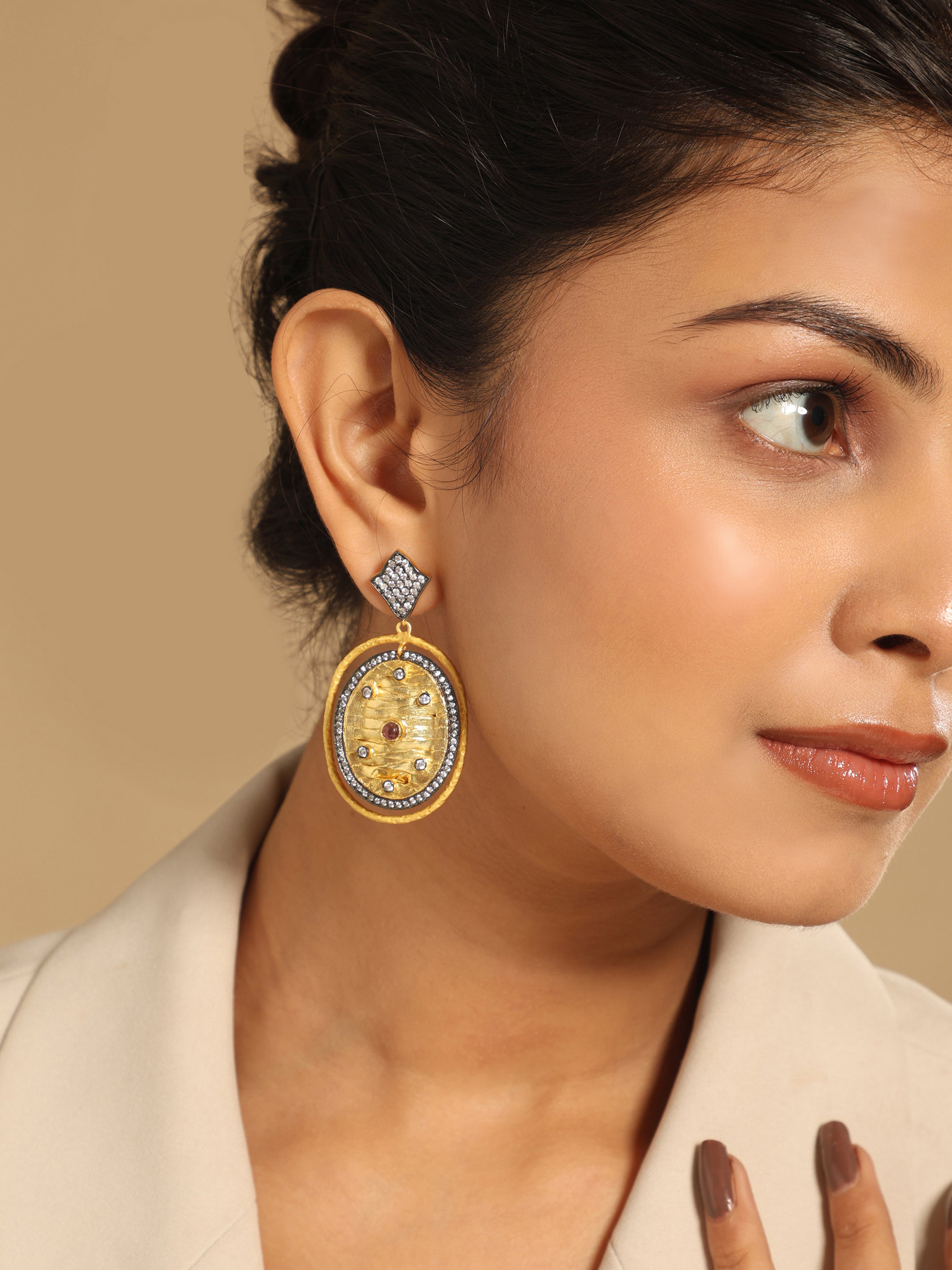 18k Gold-Plated Zircon Studded Statement Dangler Earrings