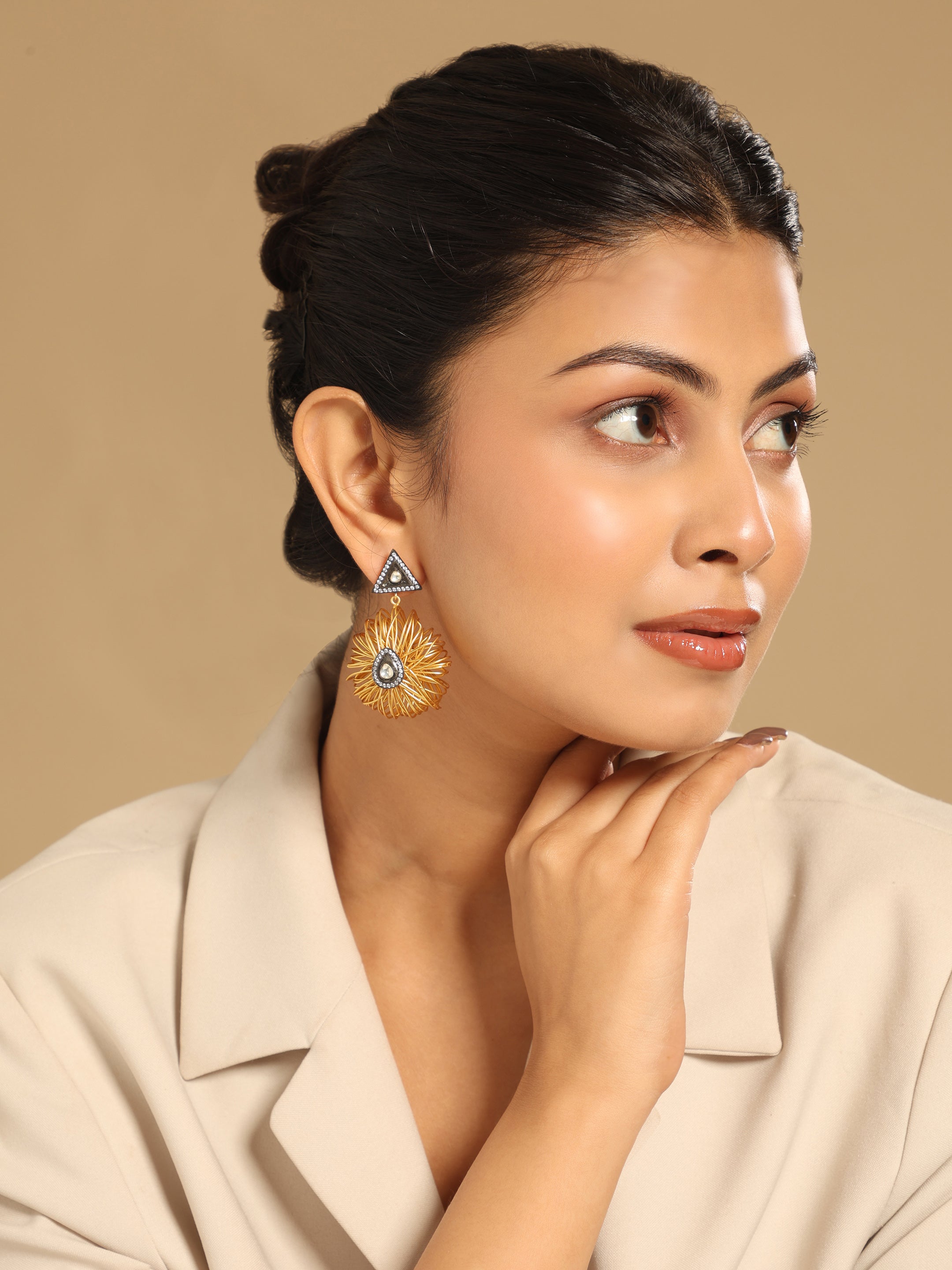 18K Gold-Plated Zircon Studded Contemporary Wire Motif Danglers