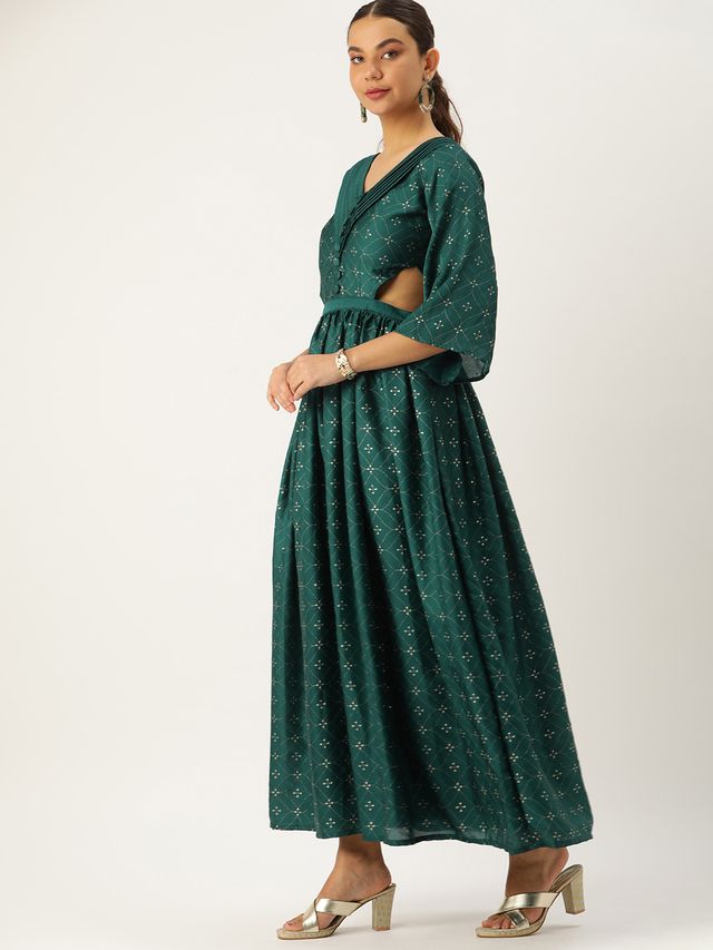 Bollywood Vogue Ready To Wear Teal Green Art Silk Foil Printed Maxi Dress