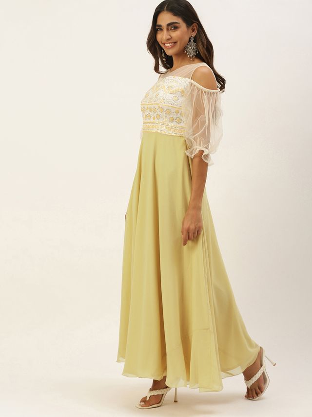 Bollywood Vogue Ready To Wear White N Beige Embroidered Sequins Gown