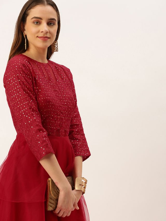 Bollywood Vogue Ready To Wear Dark Red Georgette Embroidered Layered Gown