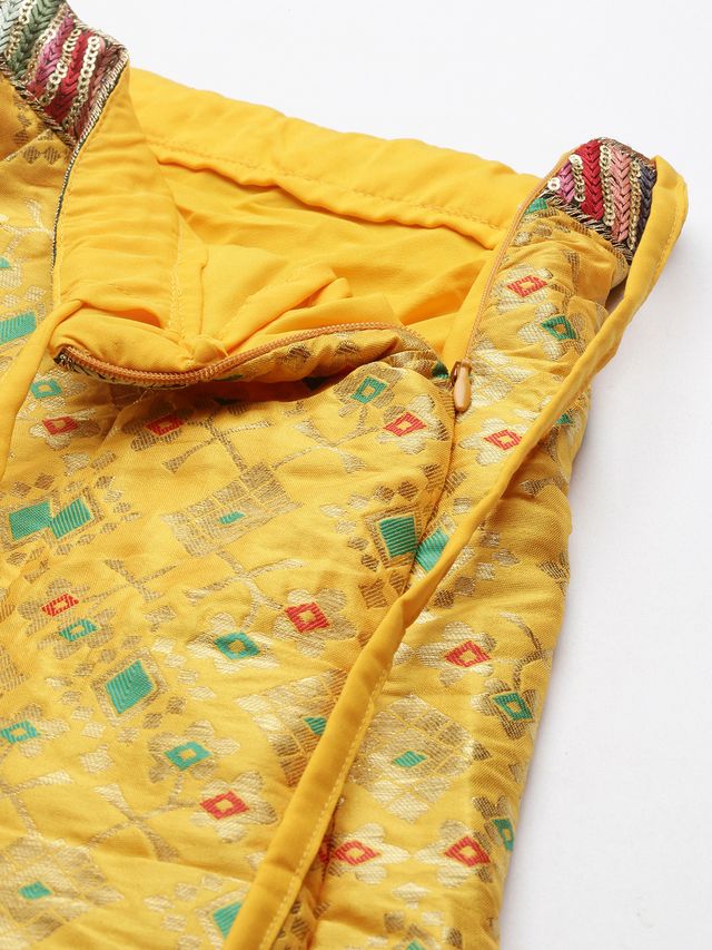 Bollywood Vogue Ready To Wear Green N Yellow Jacquard Skirt Set