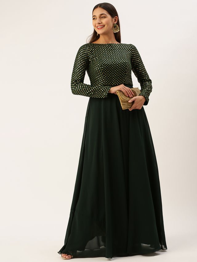 Bollywood Vogue Ready To Wear Green Georgette Embroidered Gown