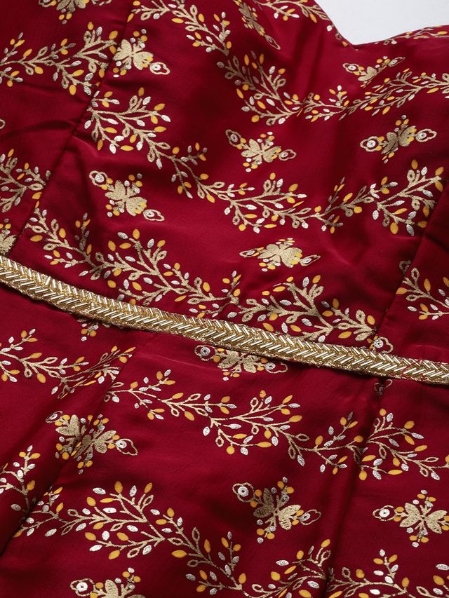 Bollywood Vogue Ready To Wear Maroon Art Silk Foil Print Jumpsuit