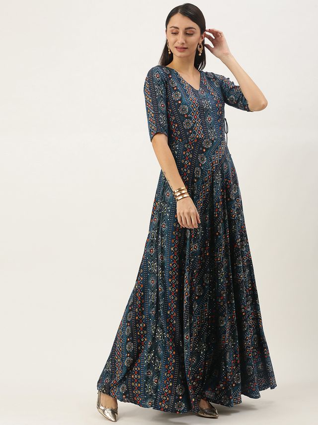 Bollywood Vogue Ready To Wear Dark Blue Printed Angarkha Gown
