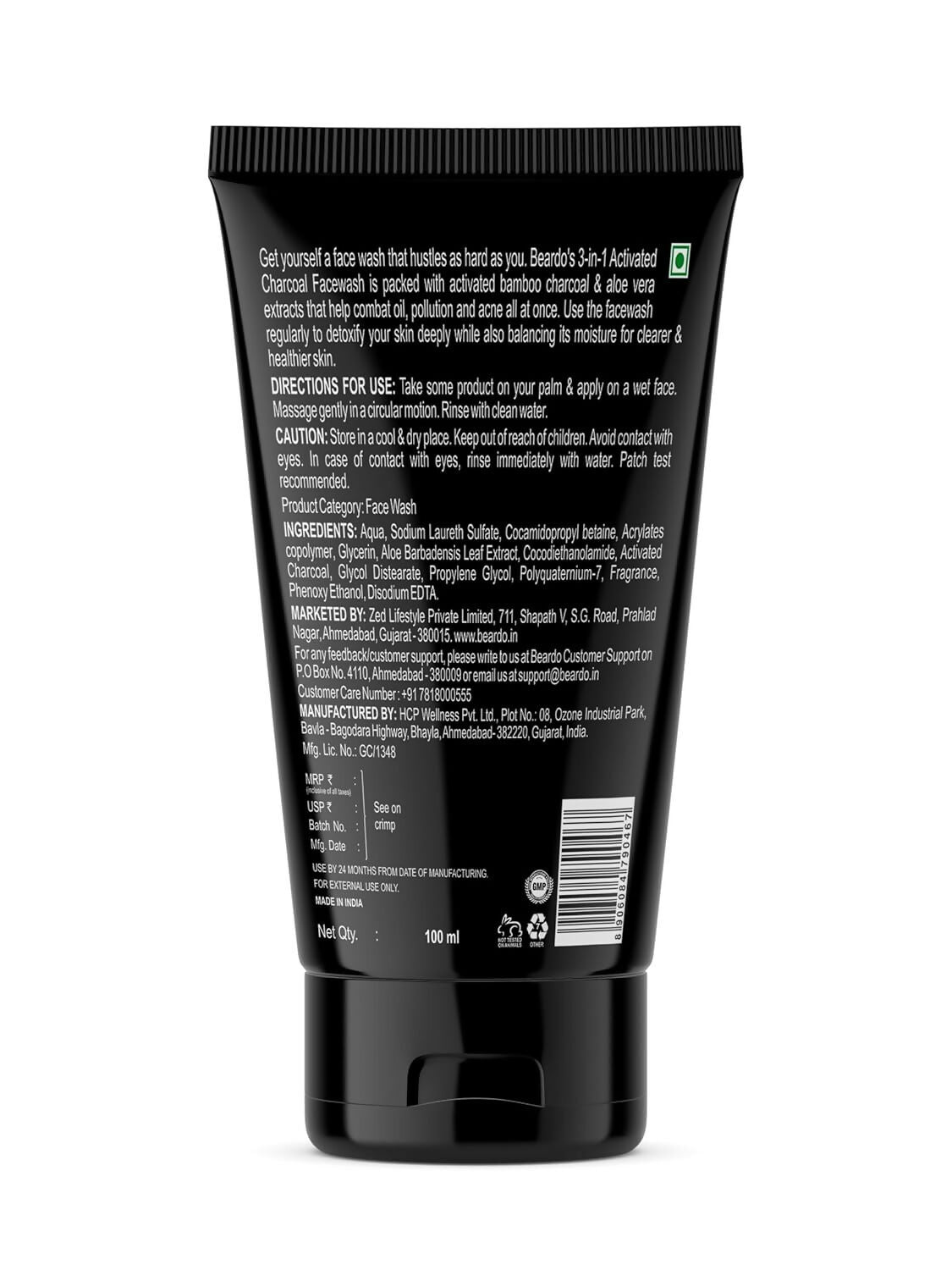 Beardo 3 in 1 Activated Charcoal Face Wash Deep Cleanse Oil Control and Detox for Oily Skin 100ml