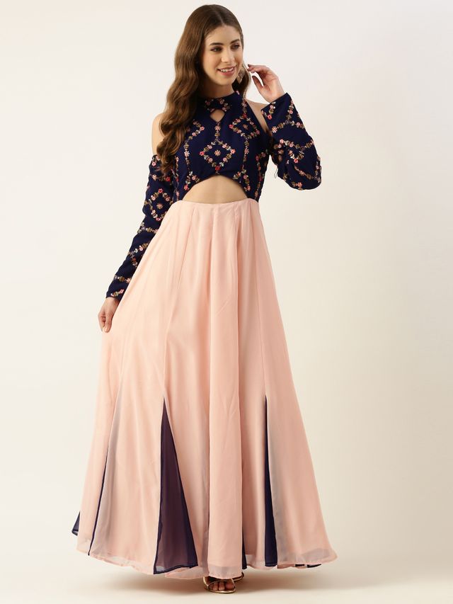 Bollywood Vogue Ready To Wear Royal Blue N Peach Georgette Embroidered Gown