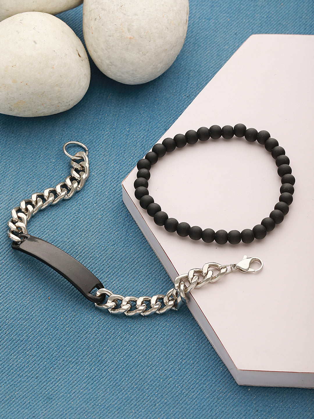 Set Of 2 Men Black Silver Plated & Beaded Bracelet