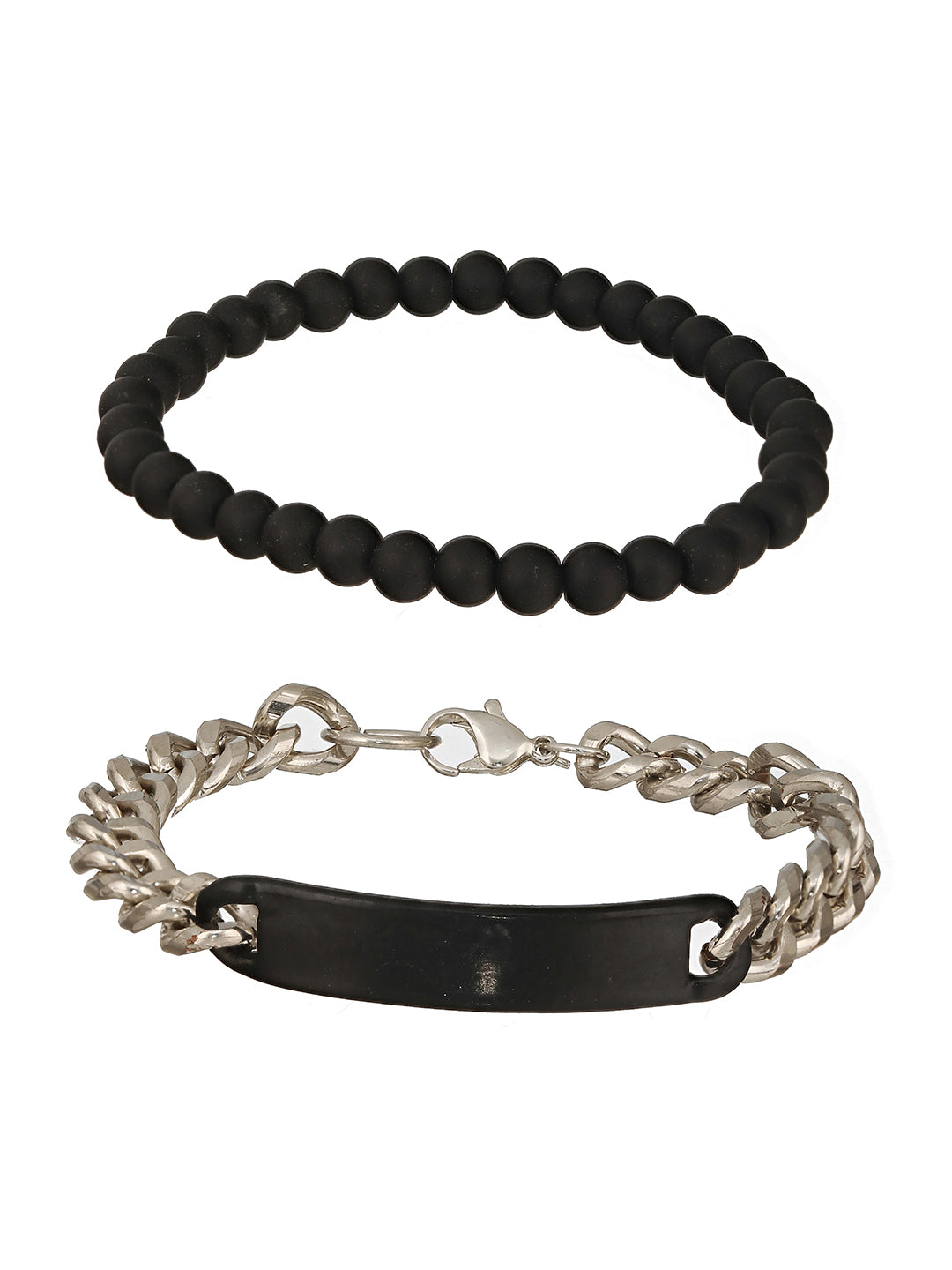 Set Of 2 Men Black Silver Plated & Beaded Bracelet