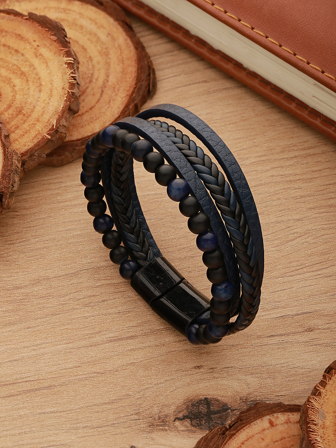 Men Blue & Black Leather Wraparound Bracelet