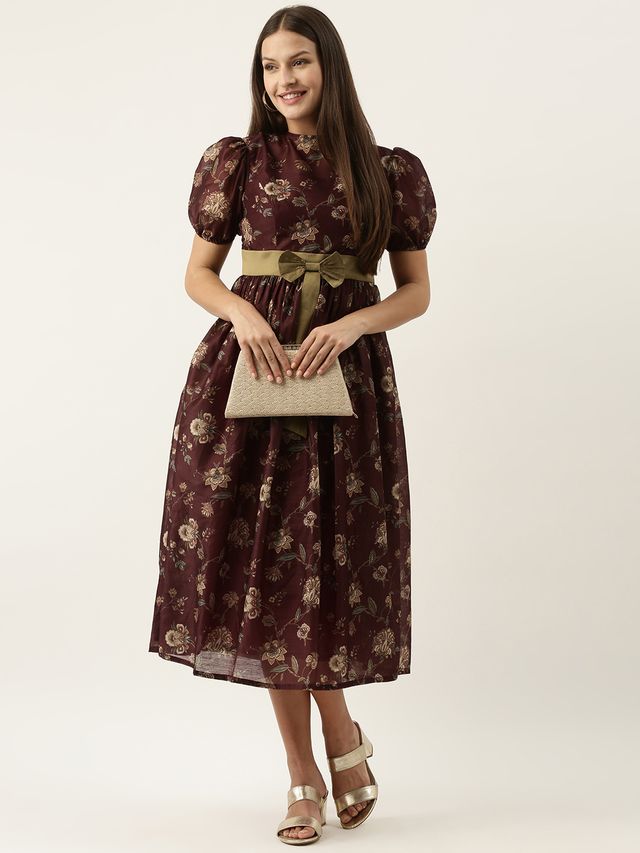 Bollywood Vogue Ready To Wear Maroon Chanderi Silk Puff Sleeve Dress
