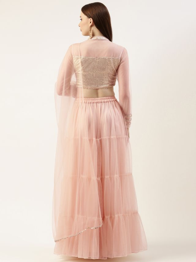 Bollywood Vogue Ready To Wear Beige Sequins Embroidered Tiered Lehenga Set