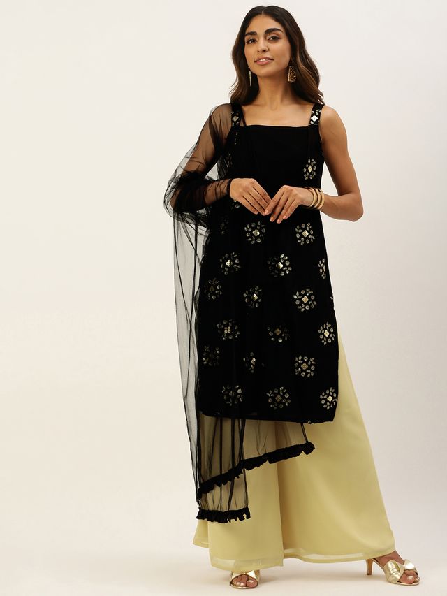 Bollywood Vogue Ready To Wear Black Embroidered N Beige Palazzo Set