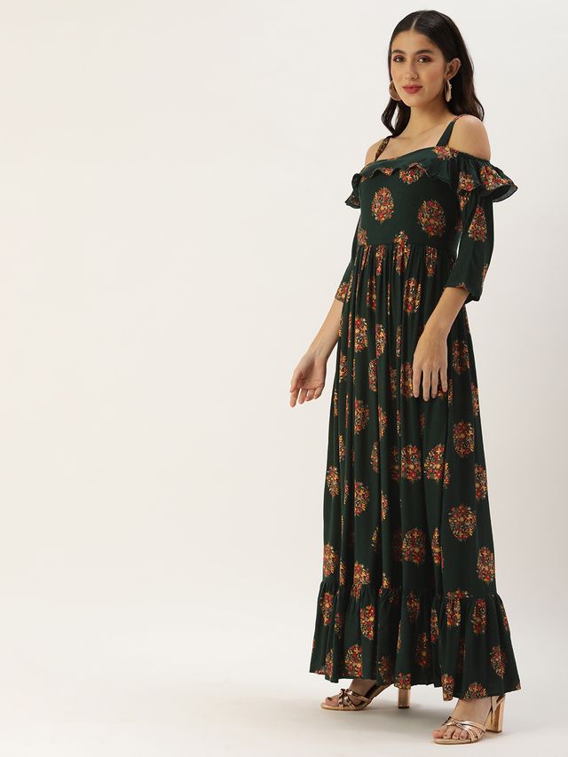 Bollywood Vogue Ready To Wear Green Rayon Printed Strap Neckline Dress