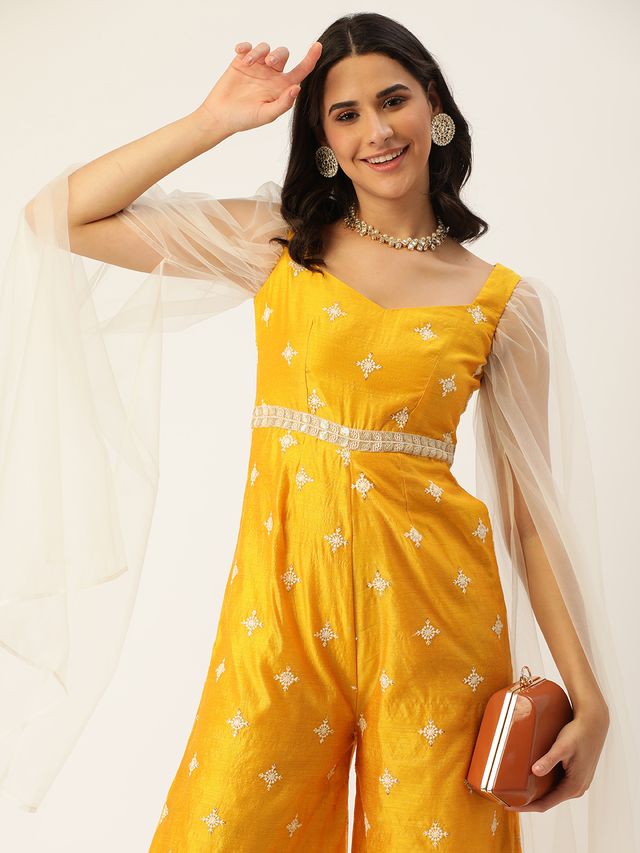 Bollywood Vogue Ready To Wear Yellow Art Silk Embroidered Jumpsuit